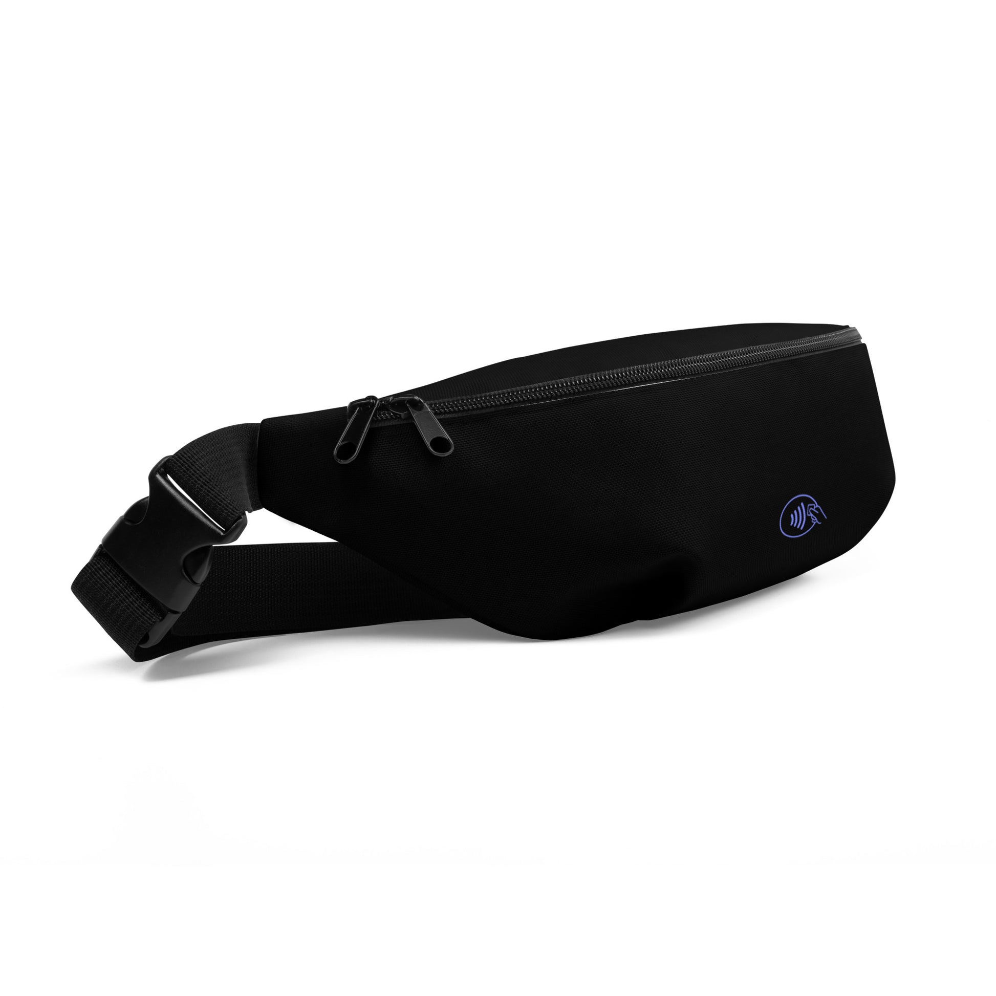 Black waist bag with NFC-inspired icon – sleek crypto accessory for traders, travelers, and minimalists.