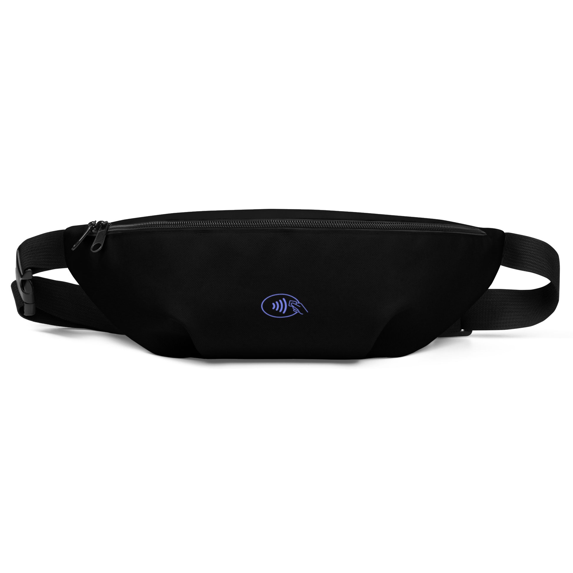 Black waist bag with NFC-inspired icon – sleek crypto accessory for traders, travelers, and minimalists.

