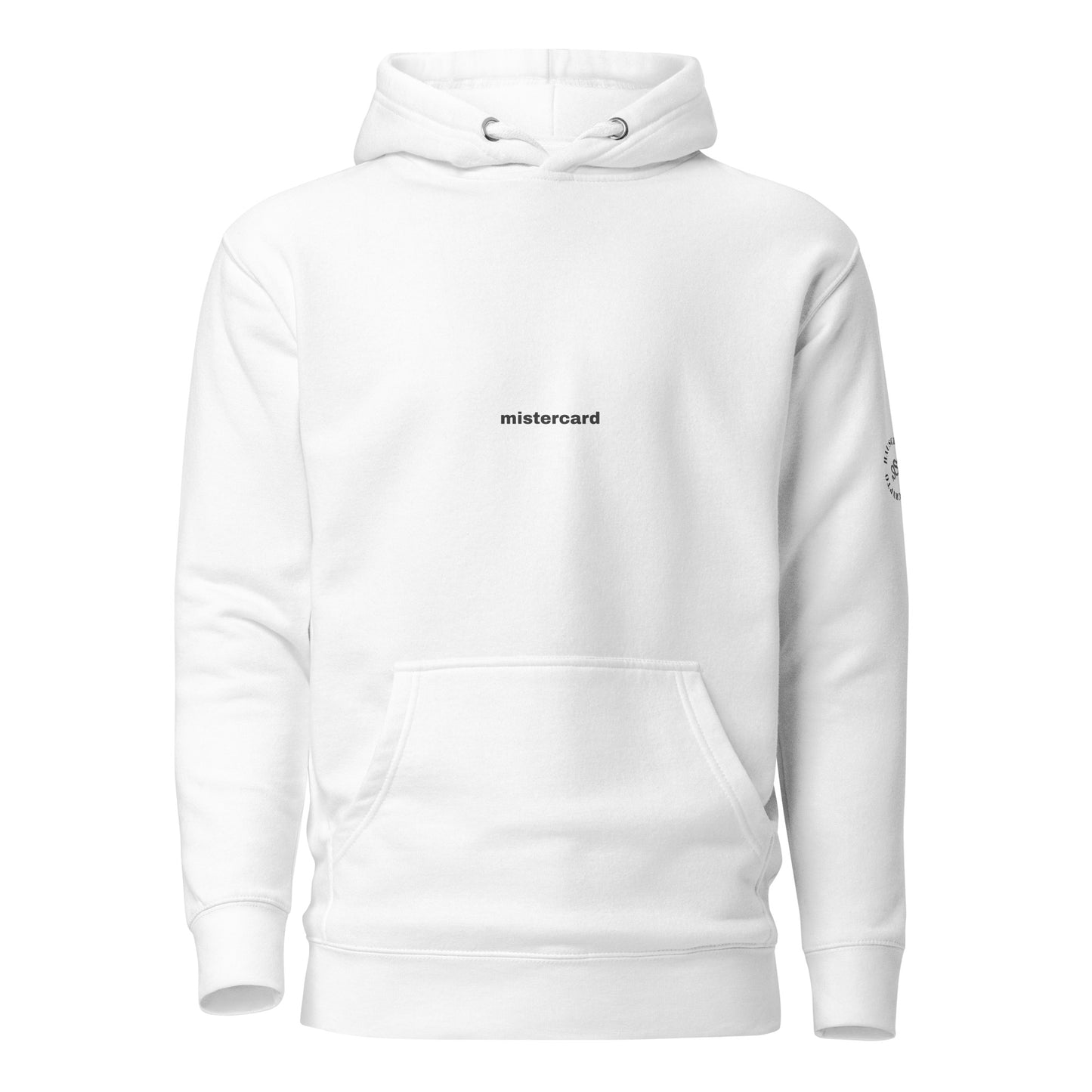 White MisterCard Hoodie – Funny crypto meme hoodie in black, front view.