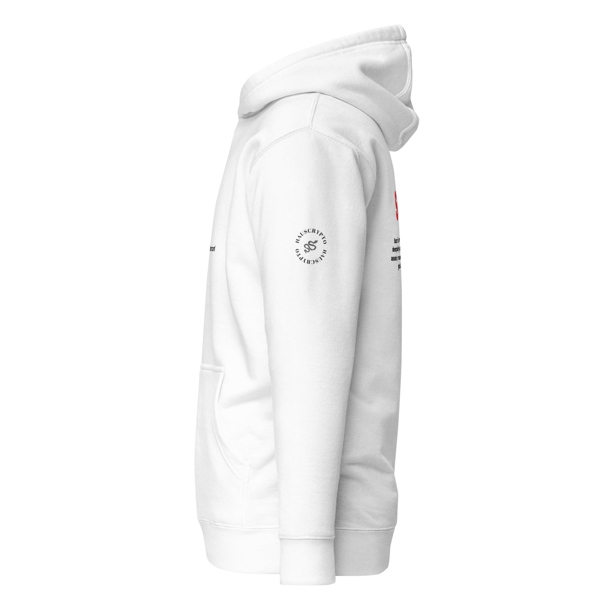 White MisterCard Hoodie – Soft and premium-quality trading meme hoodie, side view.