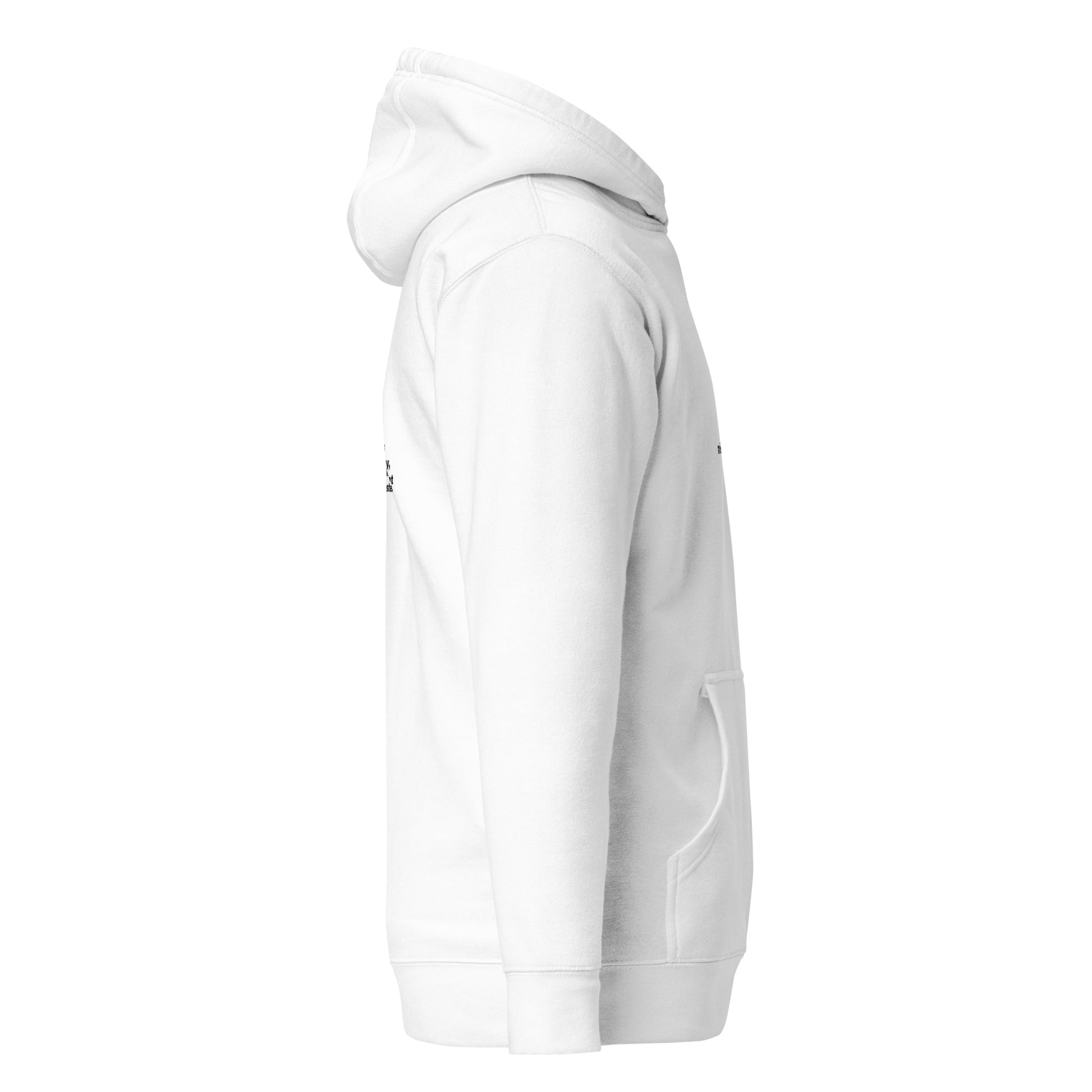 White MisterCard Hoodie – Soft and premium-quality trading meme hoodie, side view.